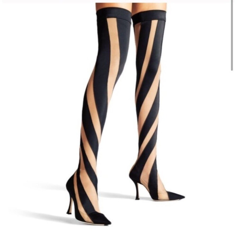 Jimmy Choo x Mugler Spiral Sock Over the Knee Boots Black Nude